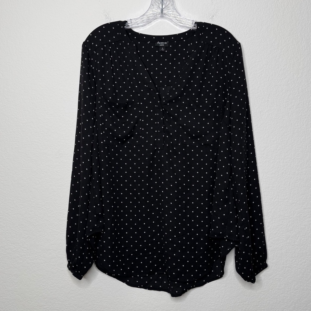 Torrid Harper Blouse Black White Polka Dot V-Neck Long Sleeve Top Size 0 0X L